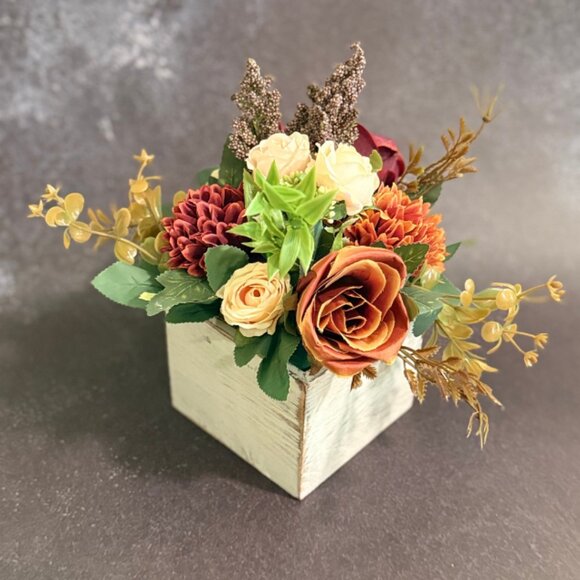 Fall Faux Floral Arrangement in Rustic Wooden Box – Home or Office Decor - Picture 8 of 10